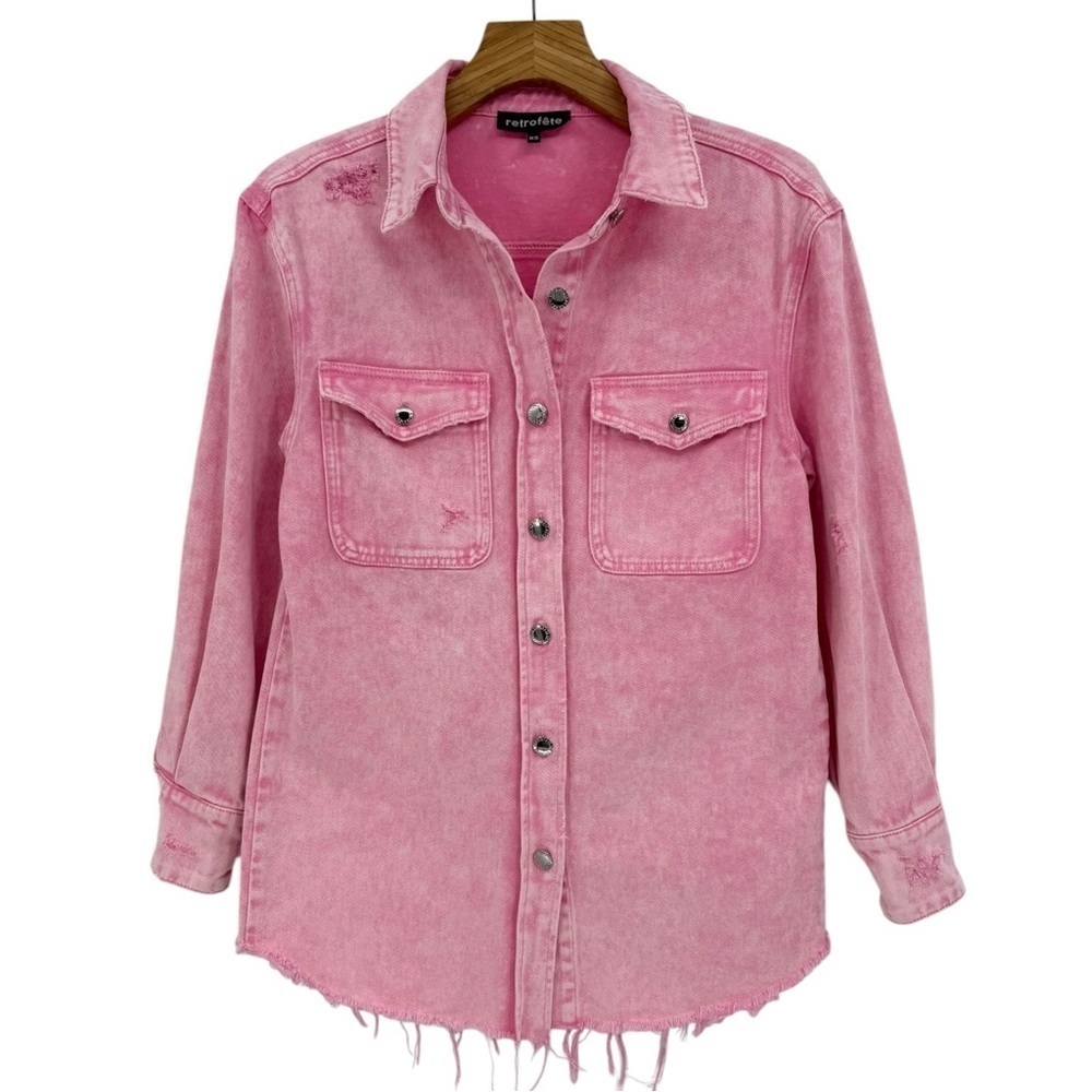 Retrofete Doreen Denim Button Down Shirt with Raw Hem in Vintage Pink Size XS